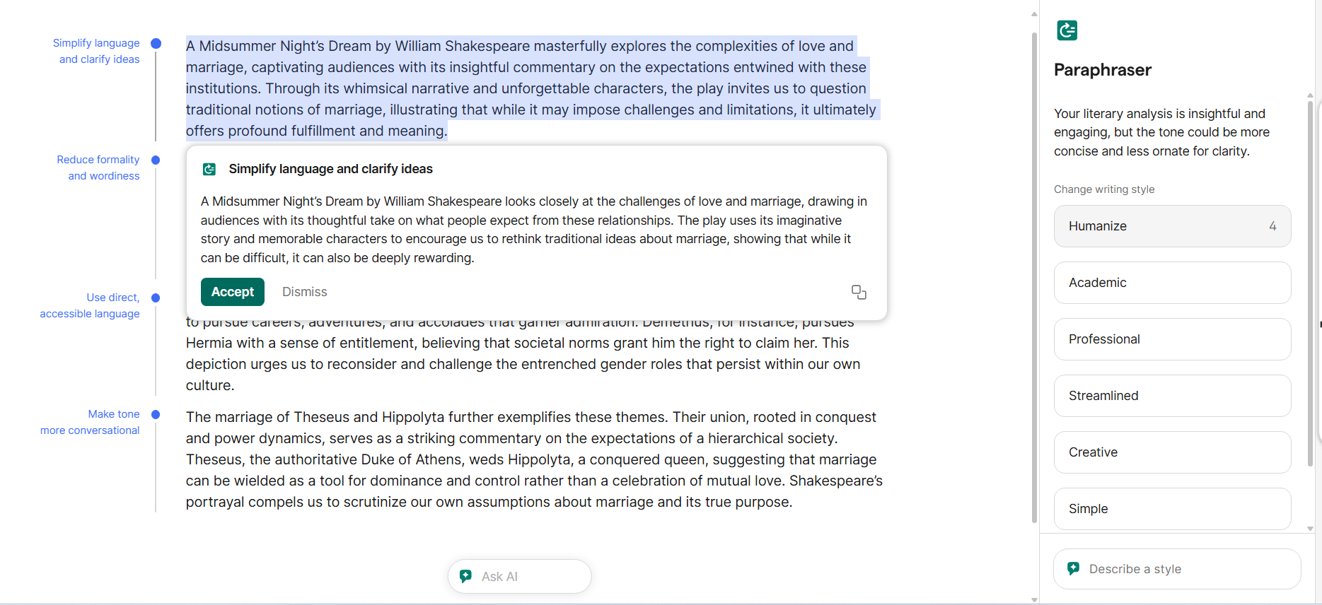 Paraphraser: Gợi ý cách diễn đạt lại câu chữ để đảm bảo nội dung rõ ràng và mạch lạc hơn.