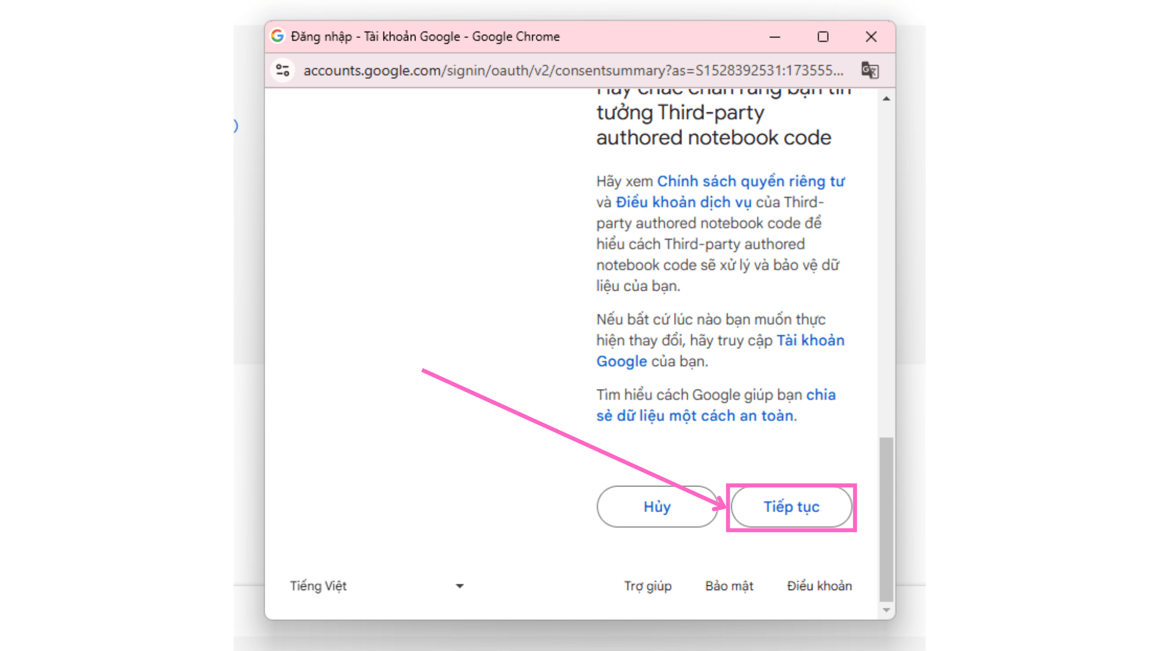 Kéo dưới cùng chọn "Tiếp tục"