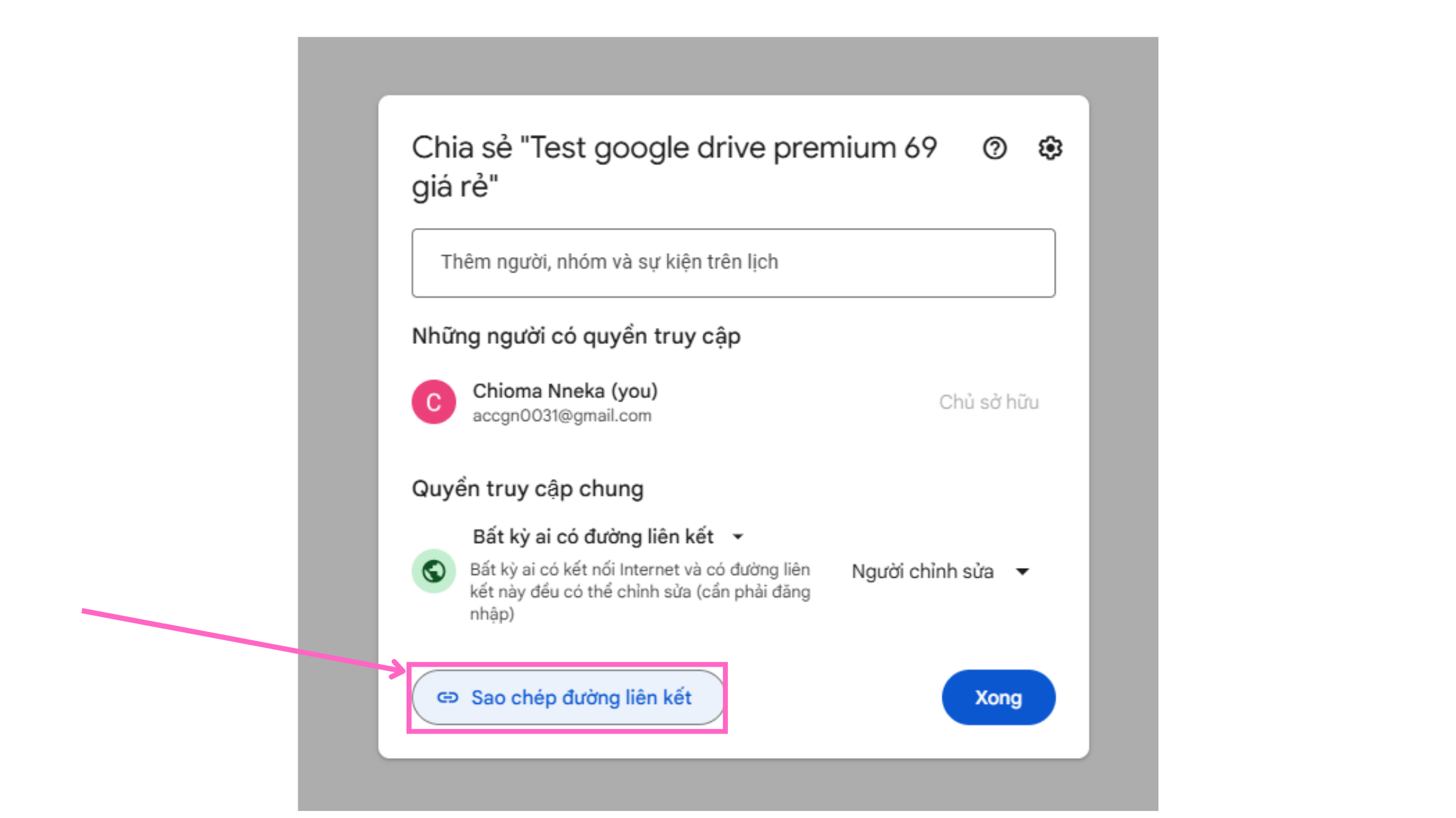 Sao chép liên kết sau khi cấp quyền
