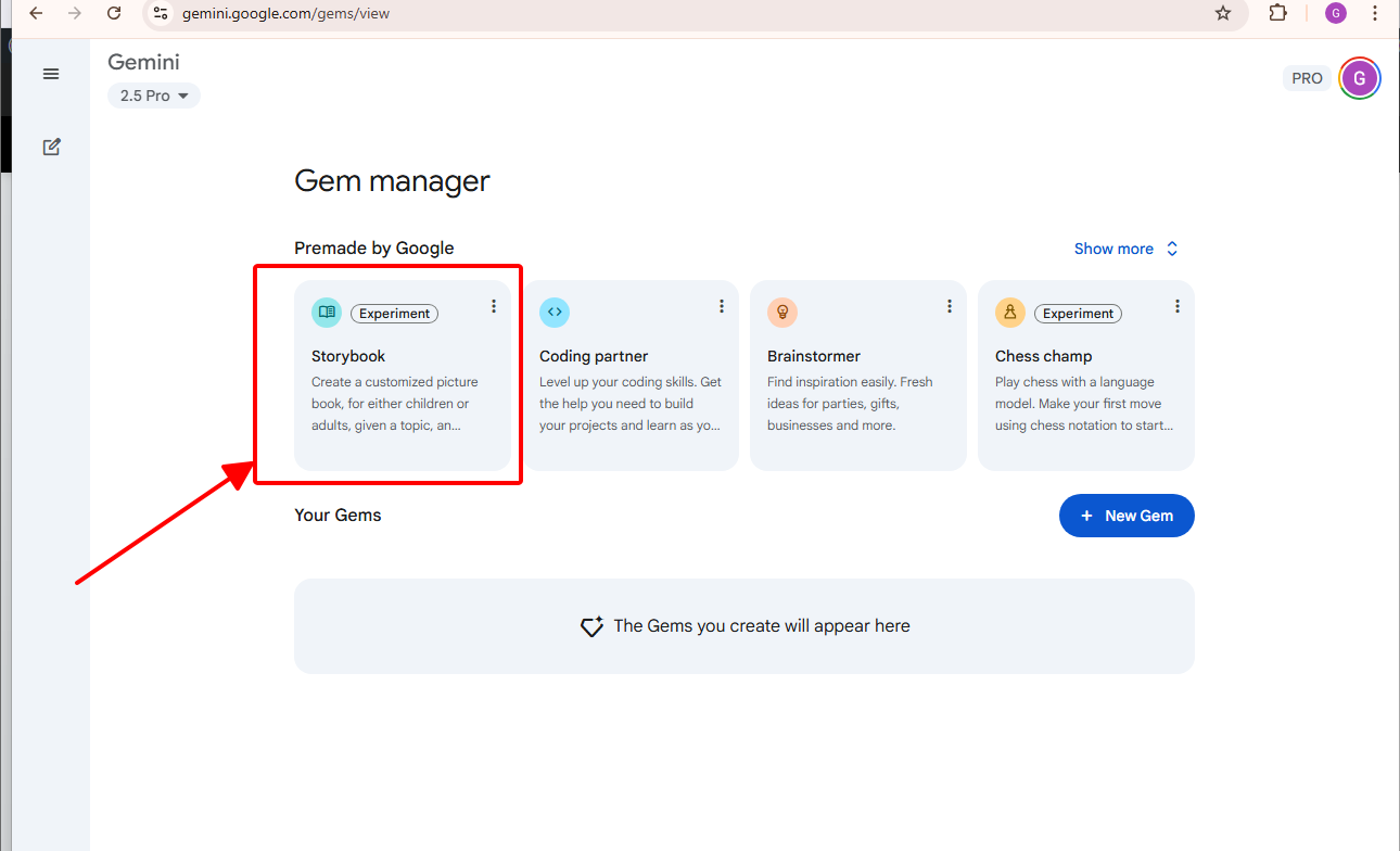 Vào Explore Gems → chọn Storybook (hoặc mở chat mới).