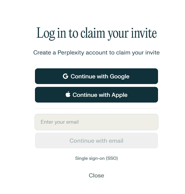 Màn hình đăng nhập để nhận lời mời kích hoạt Perplexity Pro thông qua Comet Browser.