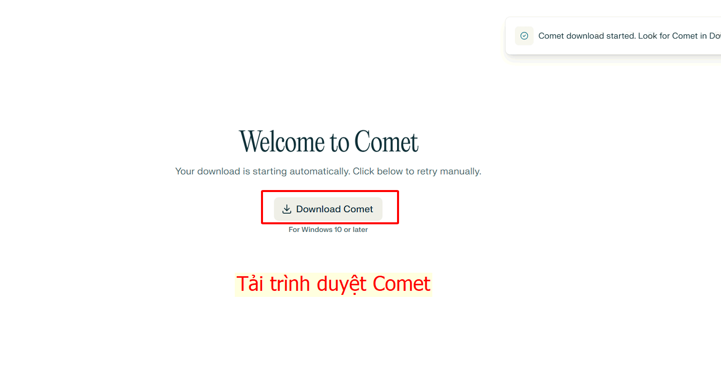 Trang tải trình duyệt Comet để kích hoạt và sử dụng Perplexity Pro.