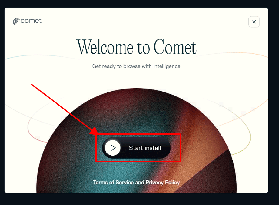 Màn hình cài đặt Comet Browser với nút Start Install để bắt đầu quá trình cài đặt.