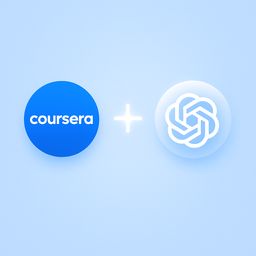 Biểu tượng Coursera và ChatGPT hòa quyện trong ánh sáng xanh tím – biểu trưng cho sự kết hợp giữa AI và giáo dục trực tuyến