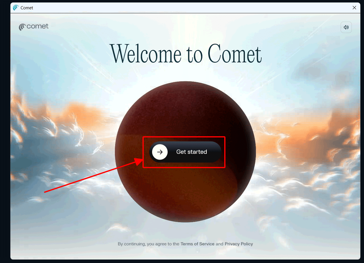 Màn hình Welcome to Comet với nút Get Started để bắt đầu sử dụng trình duyệt Comet.