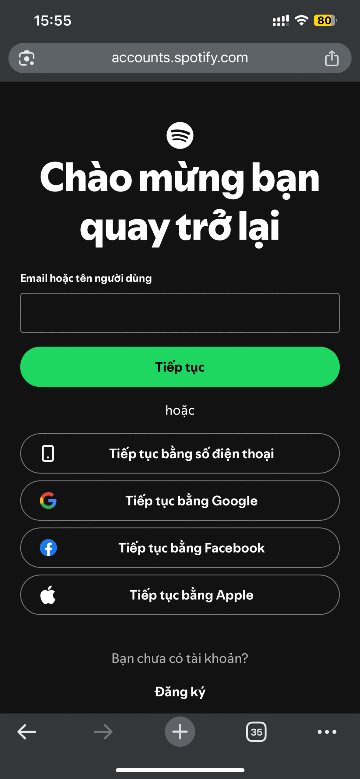 Đăng nhập tài khoản Spotify để xác minh Spotify Premium Student trên điện thoại