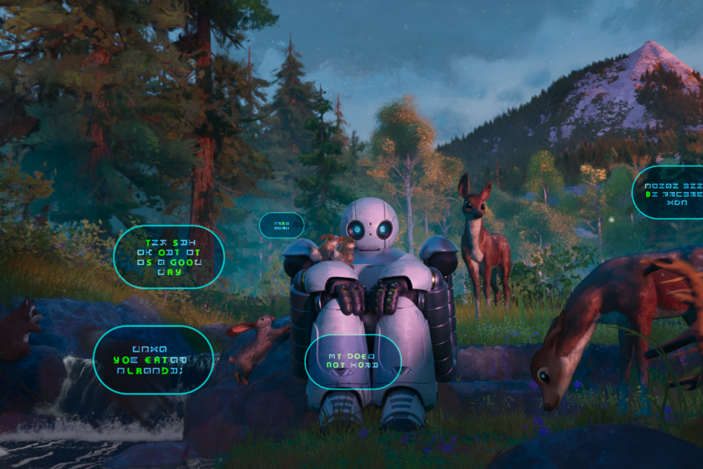 Cảnh phim The Wild Robot – robot Roz ngồi giữa thiên nhiên cùng các loài động vật, khung cảnh rừng xanh tuyệt đẹp trong phim hoạt hình HBO GO.