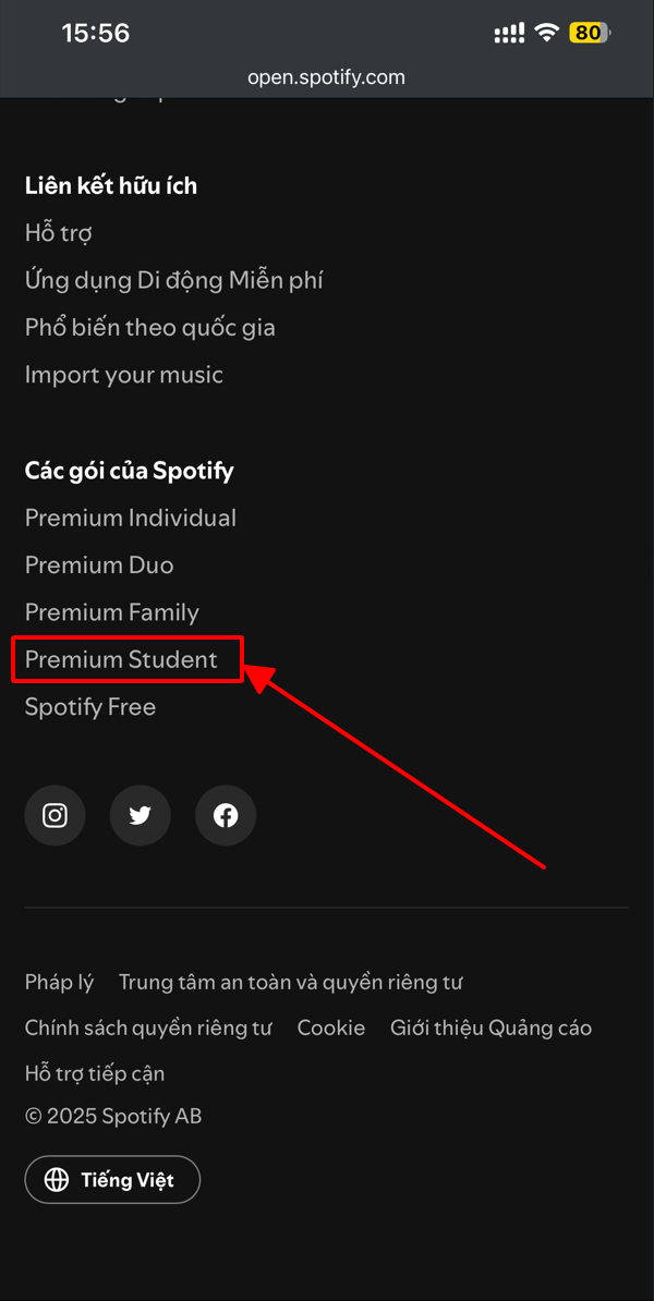 Chọn gói Spotify Premium Student trong danh sách gói Premium của Spotify trên điện thoại