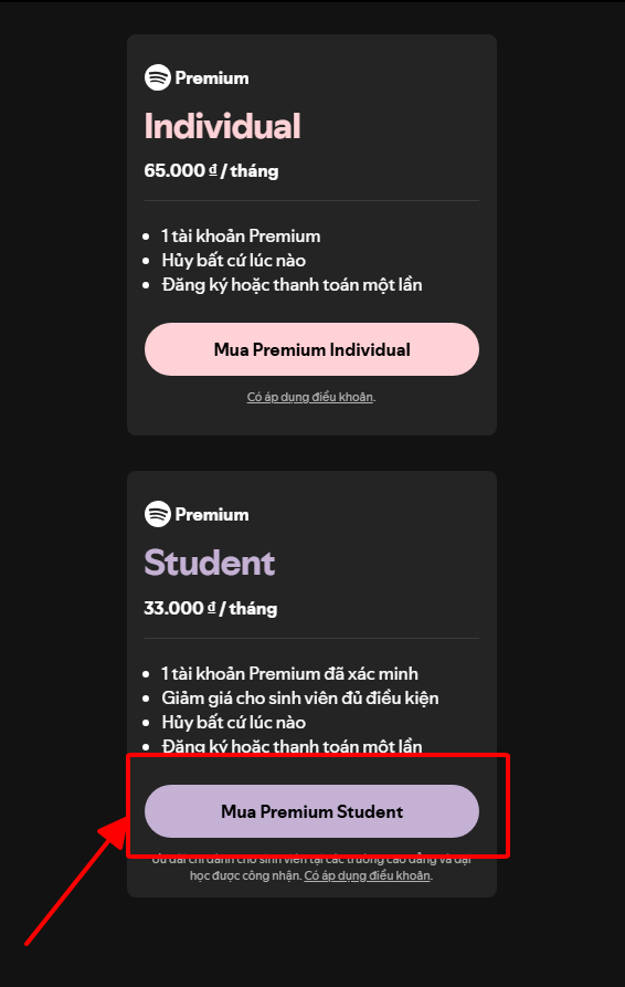 Chọn gói Premium Student và nhấn “Mua Premium Student” để đăng ký gói ưu đãi cho sinh viên trên ứng dụng nghe nhạc Spotify