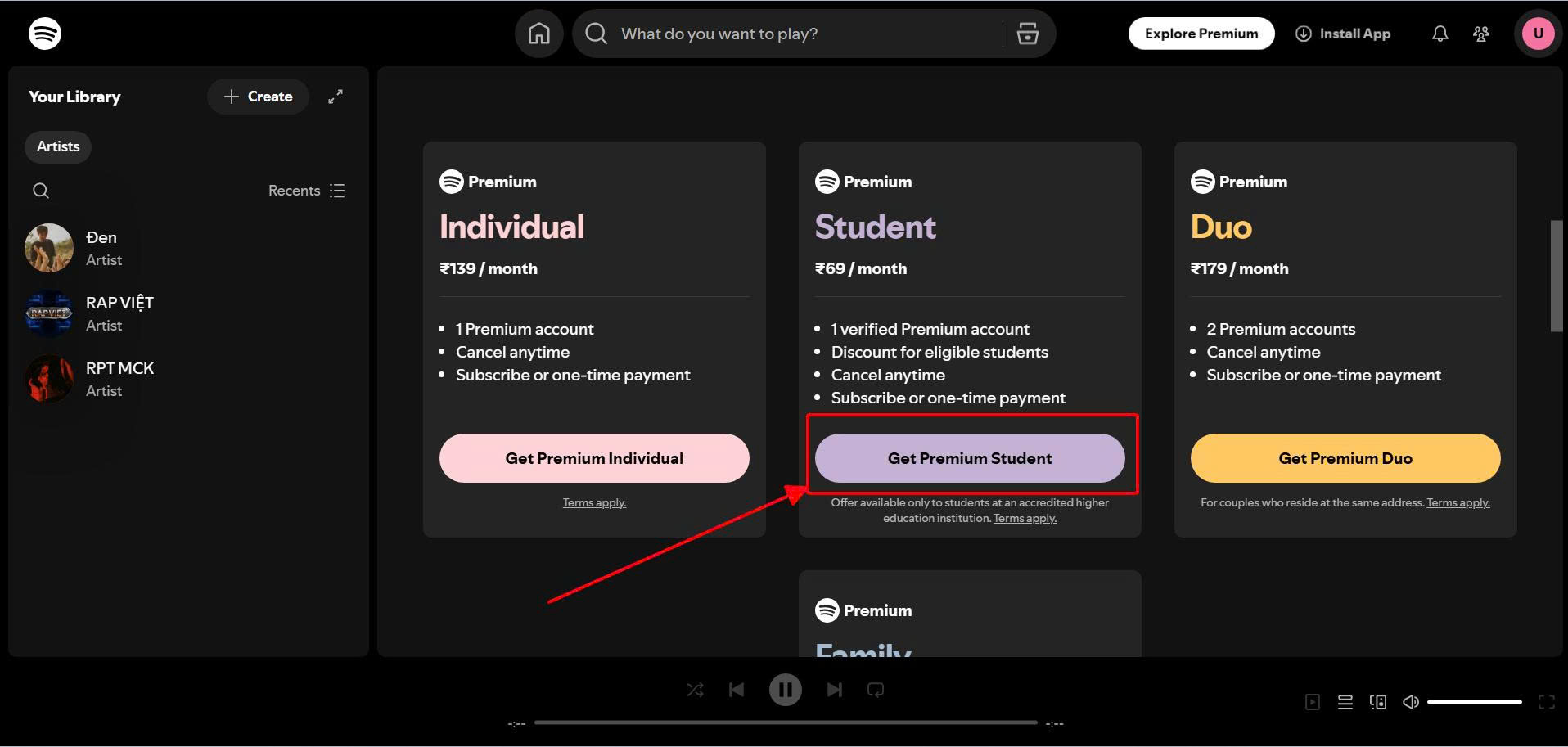 Hướng dẫn chọn gói Spotify Premium Student – cách xác minh Spotify Sinh Viên chỉ 33K/tháng trên máy tính
