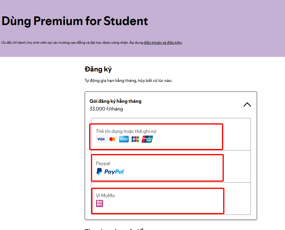 Chọn phương thức thanh toán cho gói Premium Student như thẻ ngân hàng, PayPal hoặc ví điện tử trên ứng dụng nghe nhạc Spotify