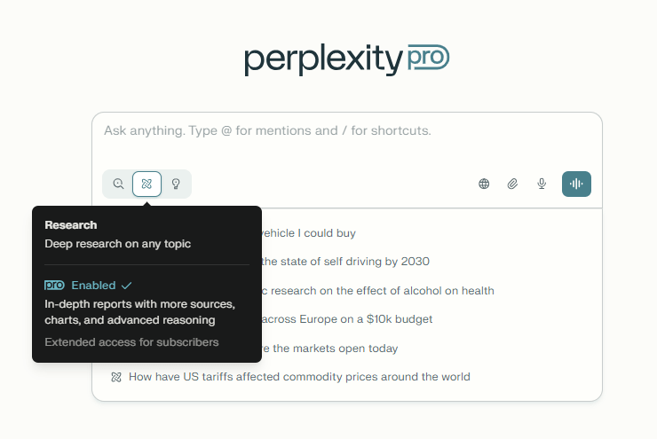 Tính năng Research của Perplexity Pro – công cụ nghiên cứu chuyên sâu với biểu đồ, nguồn mở rộng và phân tích nâng cao.
