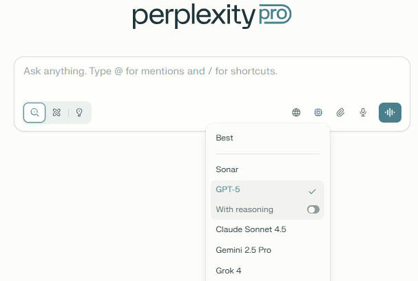 Giao diện chọn mô hình AI trên Perplexity Pro, bao gồm GPT-5, Claude Sonnet 4.5, Gemini 2.5 Pro và Grok 4.