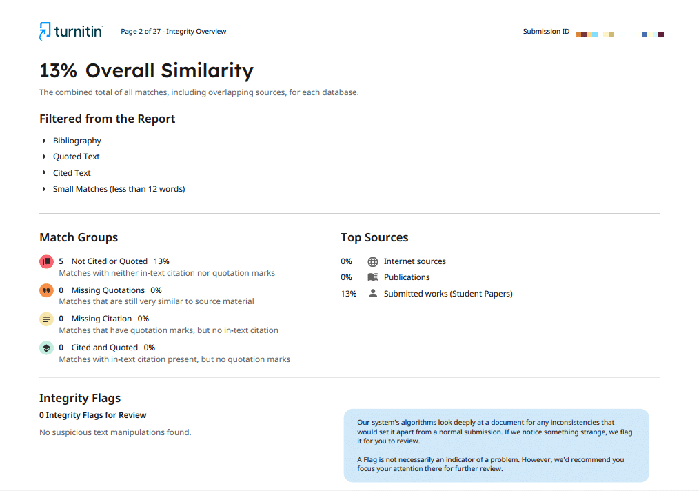 Báo cáo Turnitin hiển thị 13% Overall Similarity và phân loại nguồn trùng lặp chi tiết.