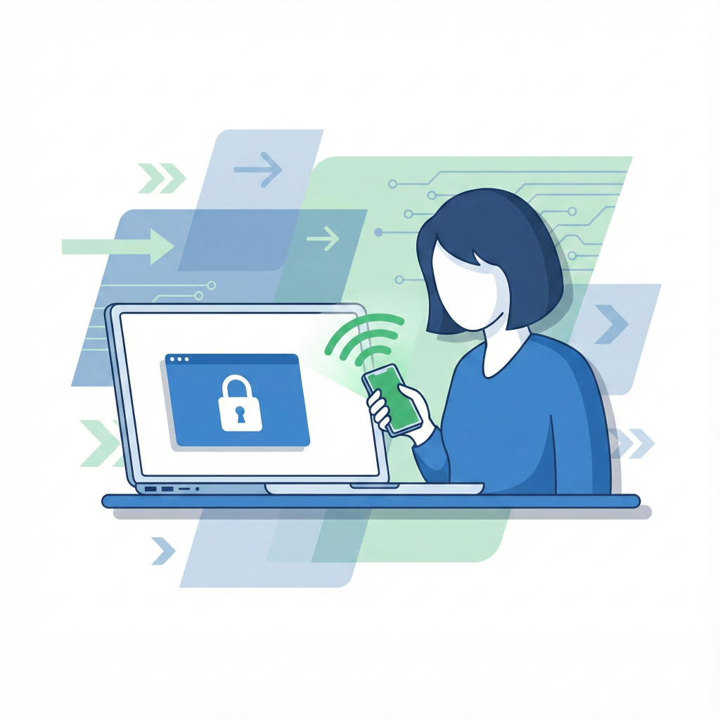 Minh họa quy trình bảo mật thông tin với biểu tượng ổ khóa trên màn hình laptop và xác thực qua điện thoại.