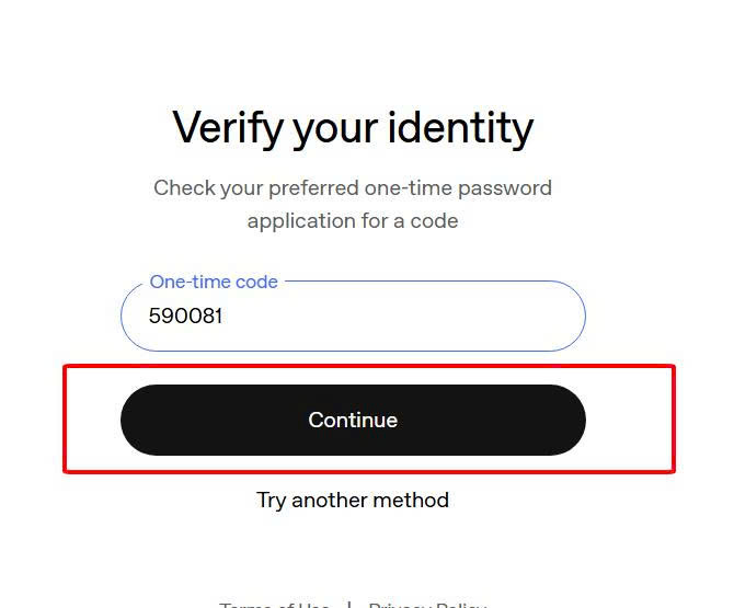 Giao diện nhập mã xác minh danh tính một lần (One-time code) trên ChatGPT và nút Continue màu đen được khoanh đỏ